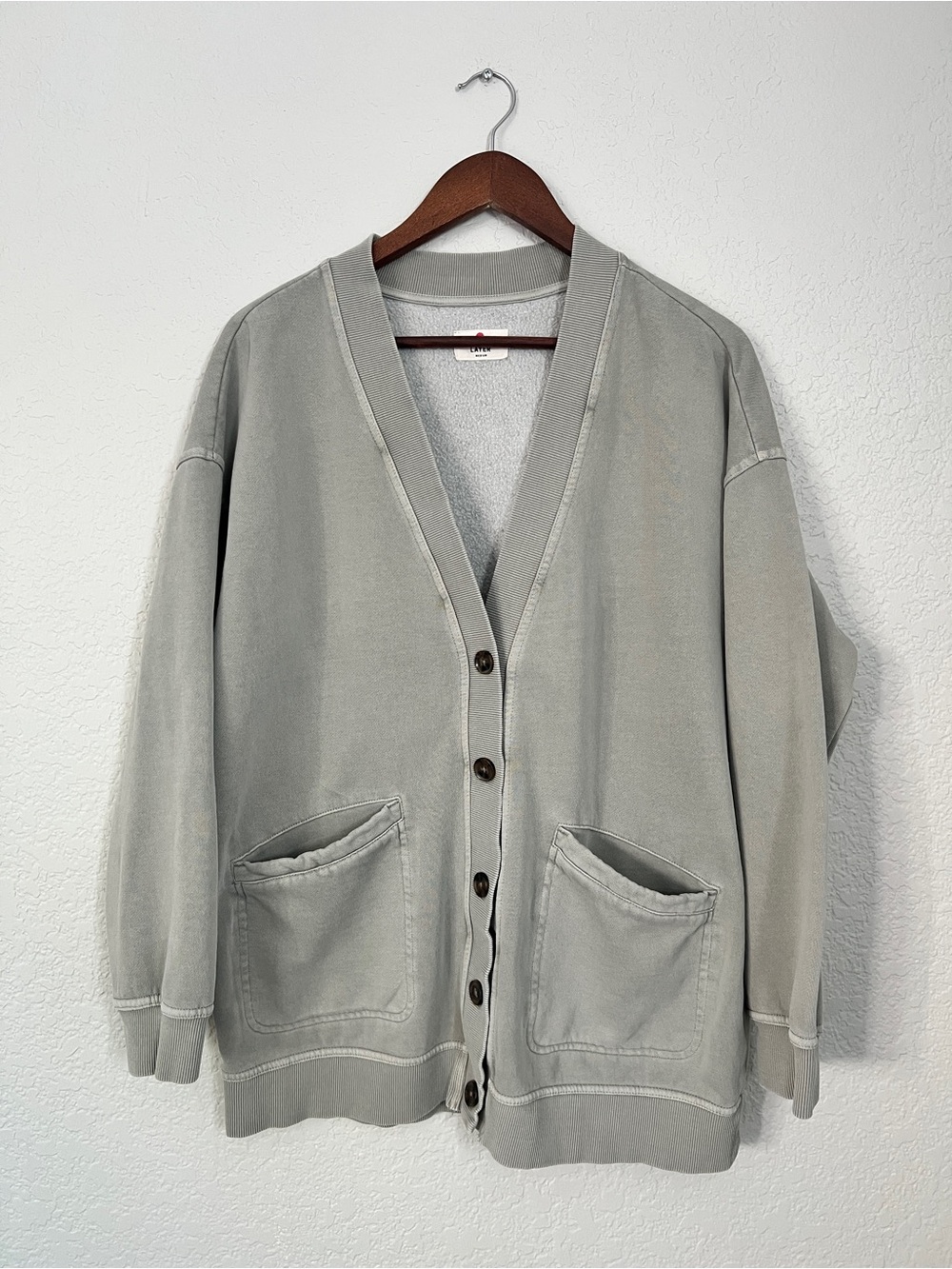 Marine Layer Women’s Light Gray/Mint Color Button-Front Cardigan Sweater